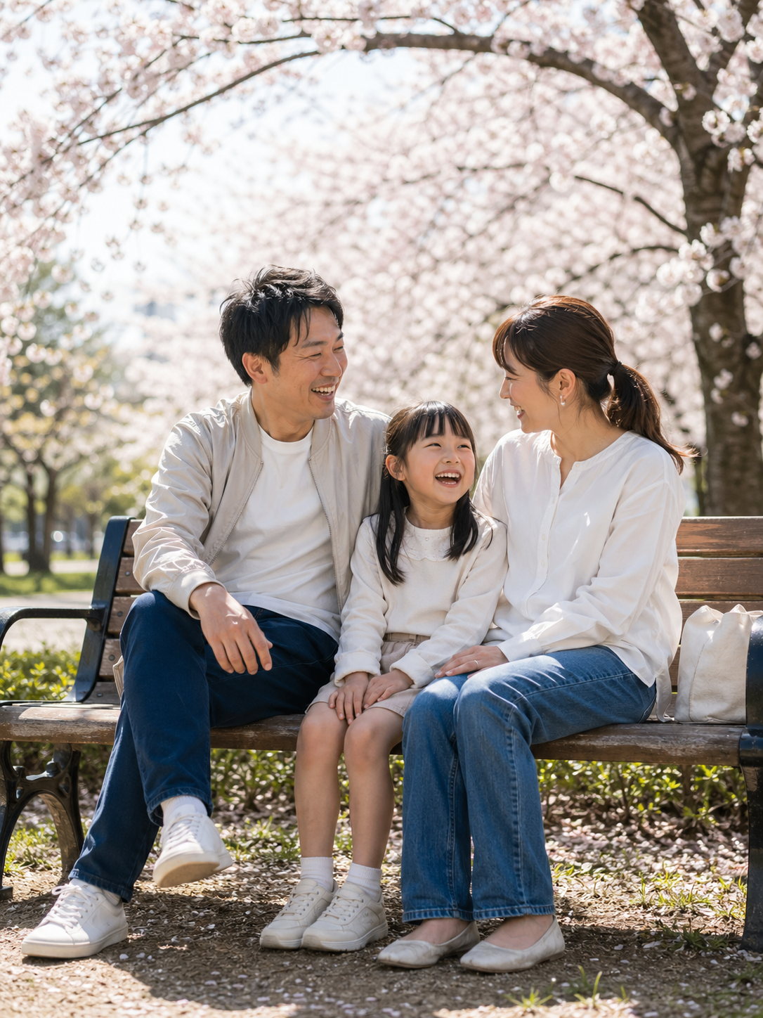 桜の季節に公園で過ごすご家族の様子
